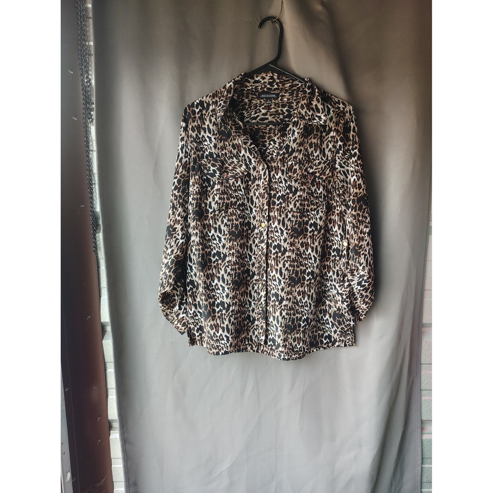 Notations Leopard Print Button Up Blouse Womens Medium Brown Animal Roll Tab Top